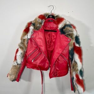 RED FAUX LEATHER BOMBER JACKER W/faux FUR DETAILS